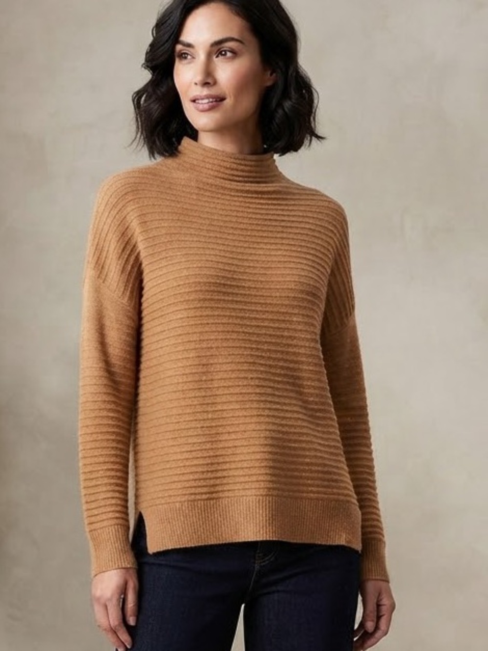 Garage Wide-Leg Jeans with Camel Ribbed Sweater - Camel & Dark Indigo